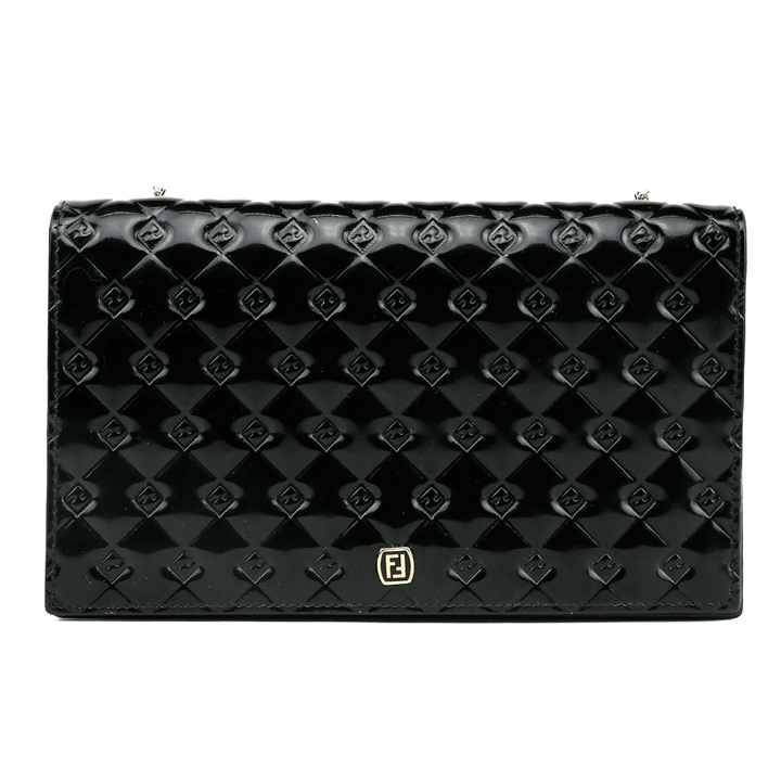 front view of Fendi Fendilicious Black Patent Leather Logo Embossed Wallet on Chain