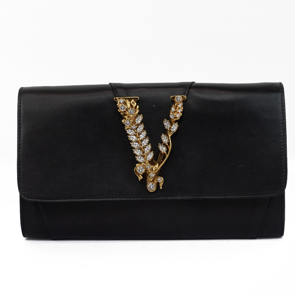 Versace Virtus Black Leather Crystal Clutch