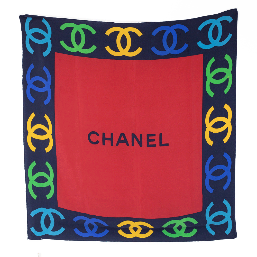 Chanel Primary Color Logo Print Silk Square Scarf