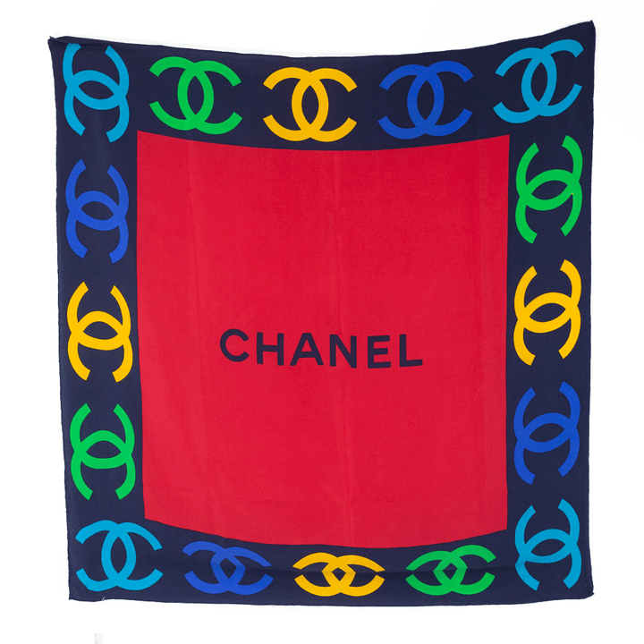 Chanel Primary Color Logo Print Silk Square Scarf