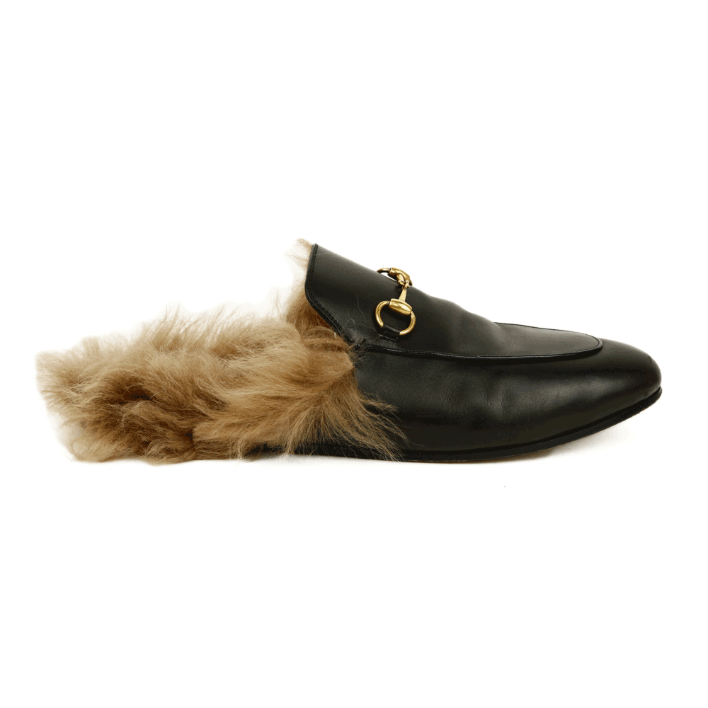 side view of Gucci Princetown Black Leather Horsebit Fur Loafer Mules