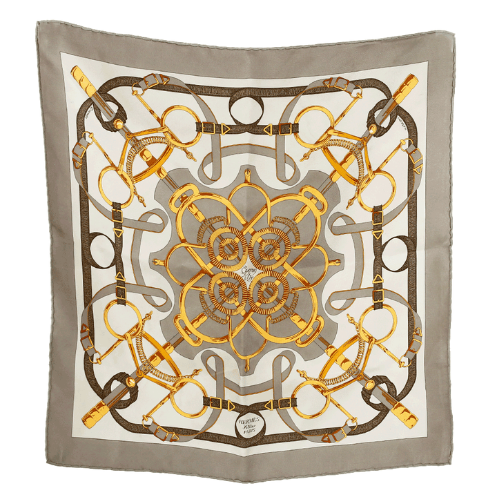 full view of Hermès Gray Eperon D
Or Silk Twill Pocket Scarf