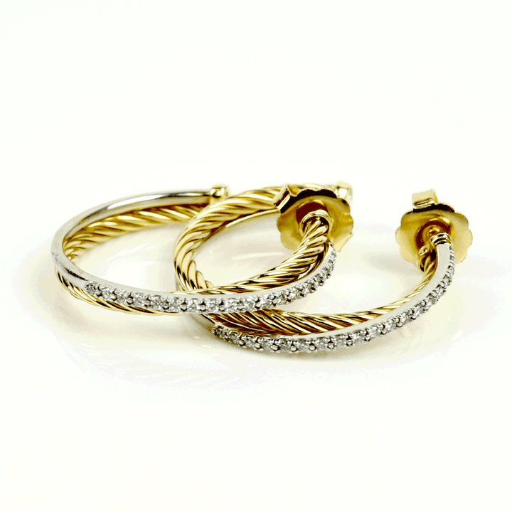 David Yurman 18K Yellow Gold Crossover Hoop Earrings With Pavé Diamonds