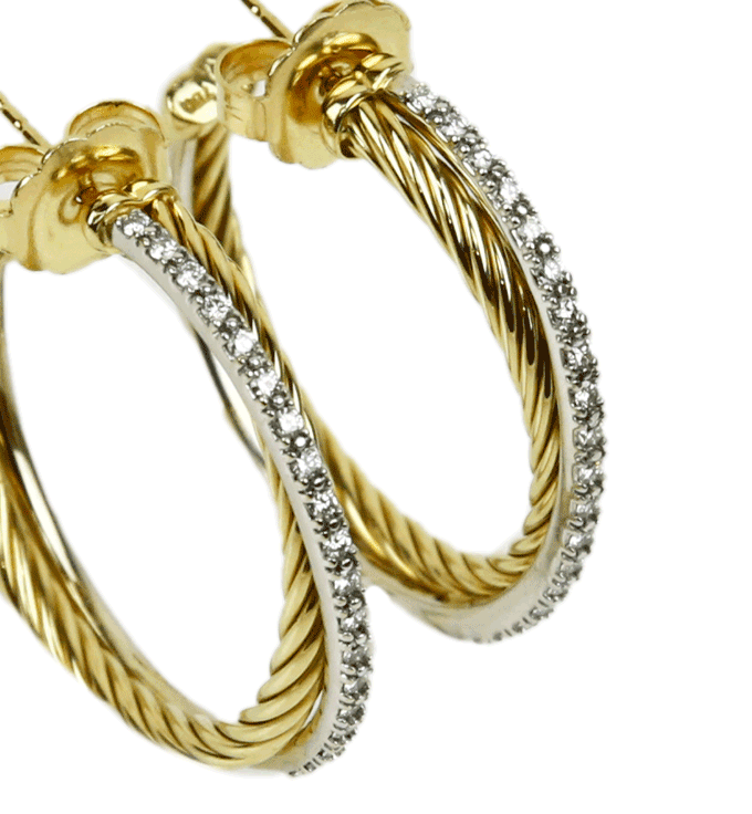 David Yurman 18K Yellow Gold Crossover Hoop Earrings With Pavé Diamonds