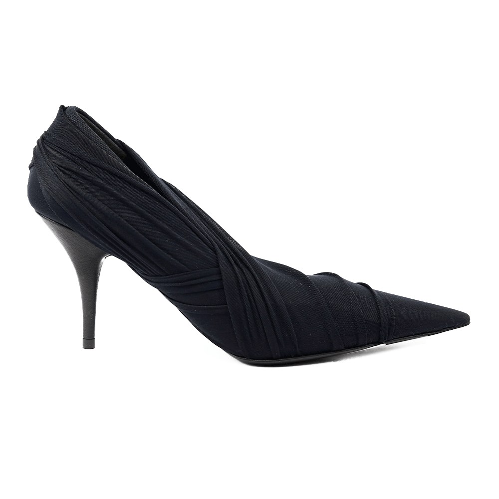 side view of Balenciaga Black Stretch Draped Point Toe Pumps