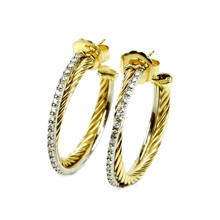 David Yurman 18K Yellow Gold Crossover Hoop Earrings With Pavé Diamonds