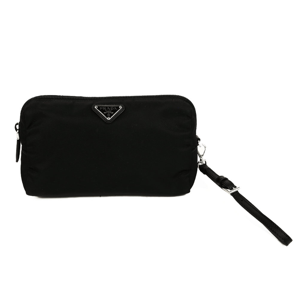 front view of Prada Black Tessuto Nylon Wristlet Pouch