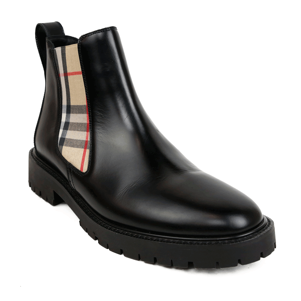 side view of Burberry Black Leather Vintage Check Chelsea Boots