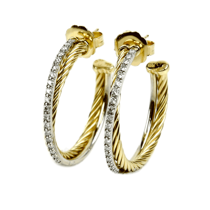 David Yurman 18K Yellow Gold Crossover Hoop Earrings With Pavé Diamonds