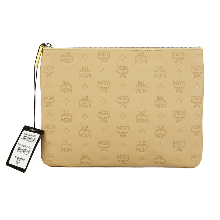 front view of MCM Beige Leather Aren Monogram Crossbody Pouch