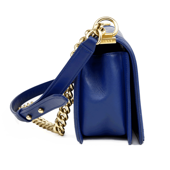 side view of Chanel Blue Medium Boy Bag