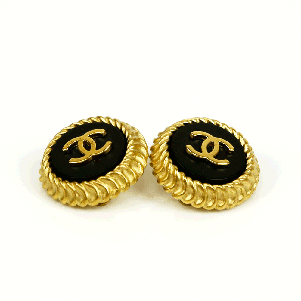 Chanel Vintage Gold 
Black CC Button Clip-On Earrings