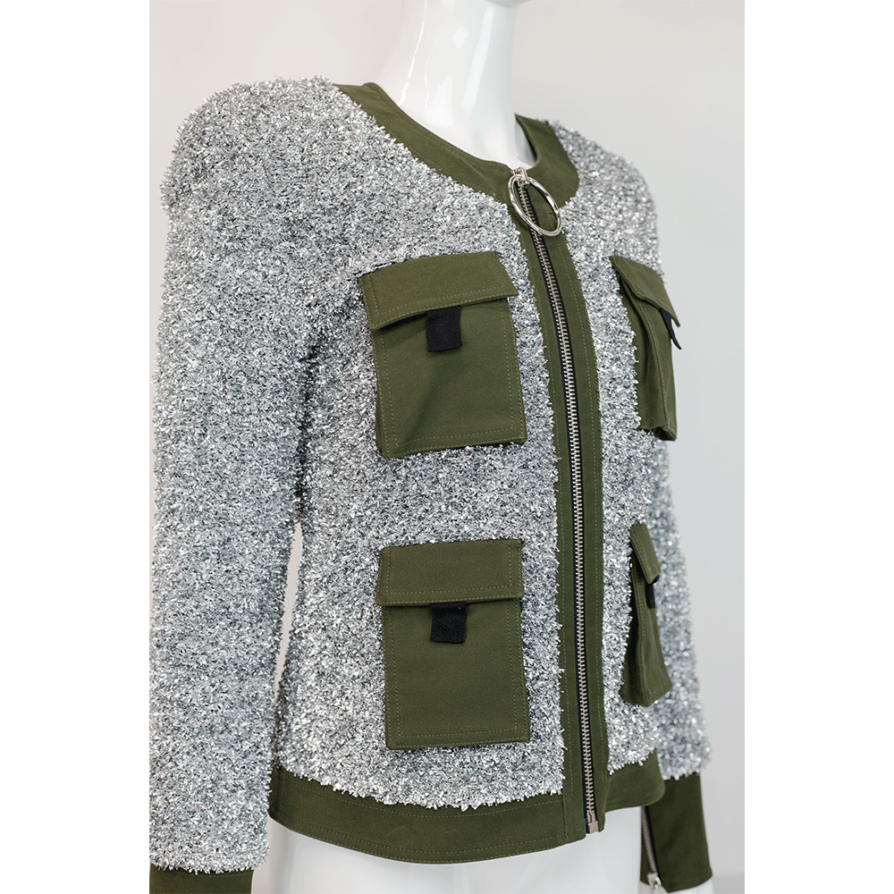 Balmain Silver 
Khaki Zipped Tweed Jacket