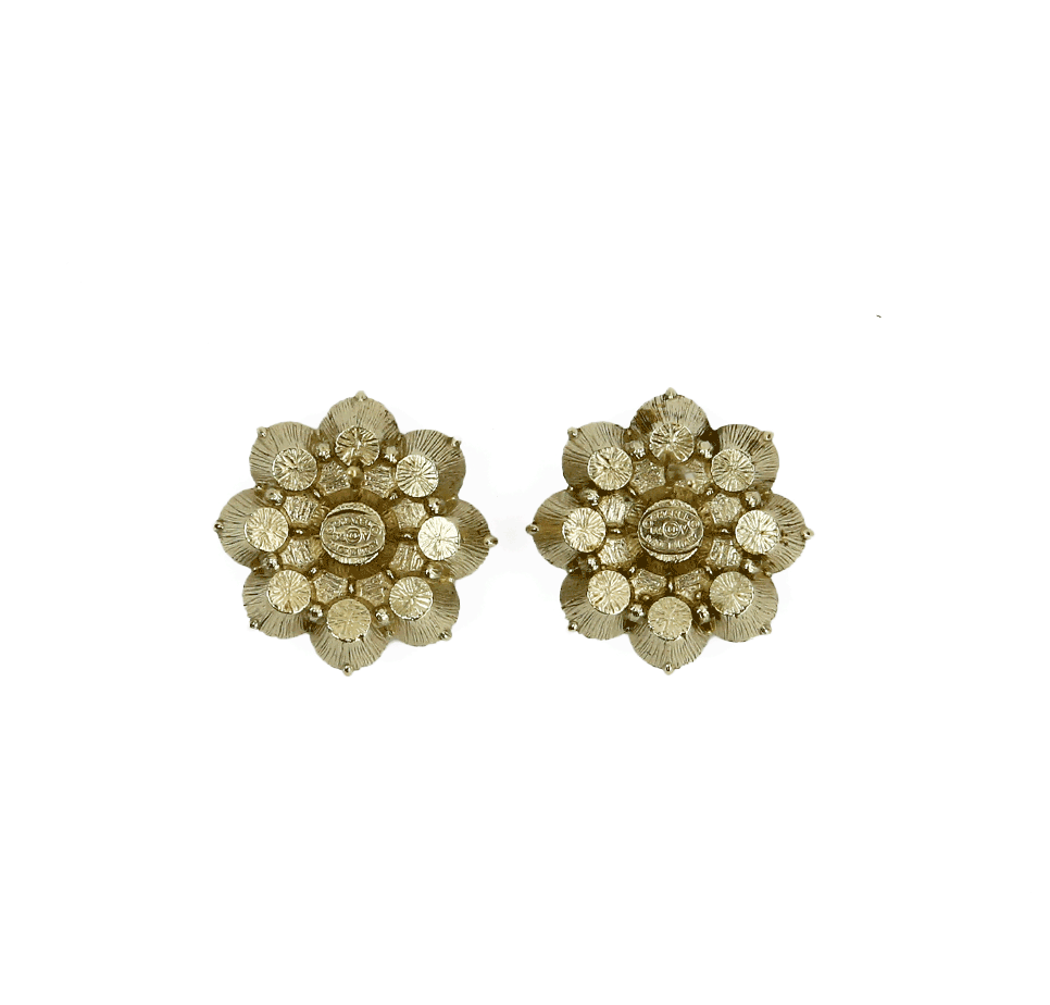 Back view of Chanel Gold Tone 
Crystal CC Flower Earrings