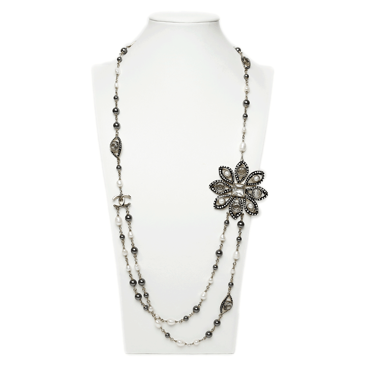 front view of Chanel Strass 
Enamel Pearl Station Necklace