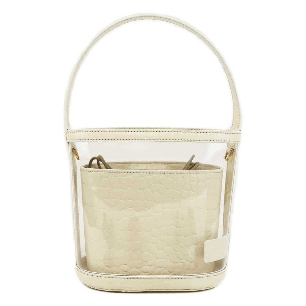 front view of Staud Bissett PVC 
Embossed Leather Bucket Bag