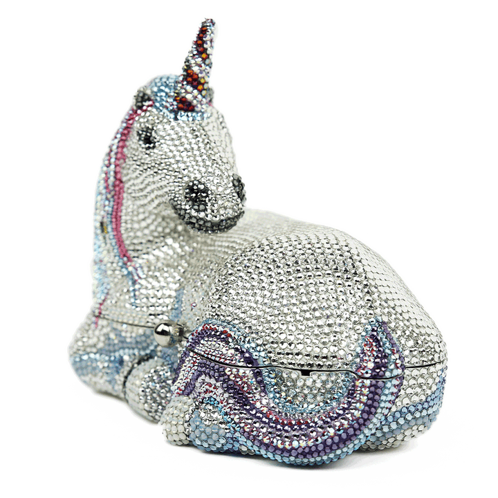 side view of Judith Leiber Unicorn Lunaria Crystal Clutch