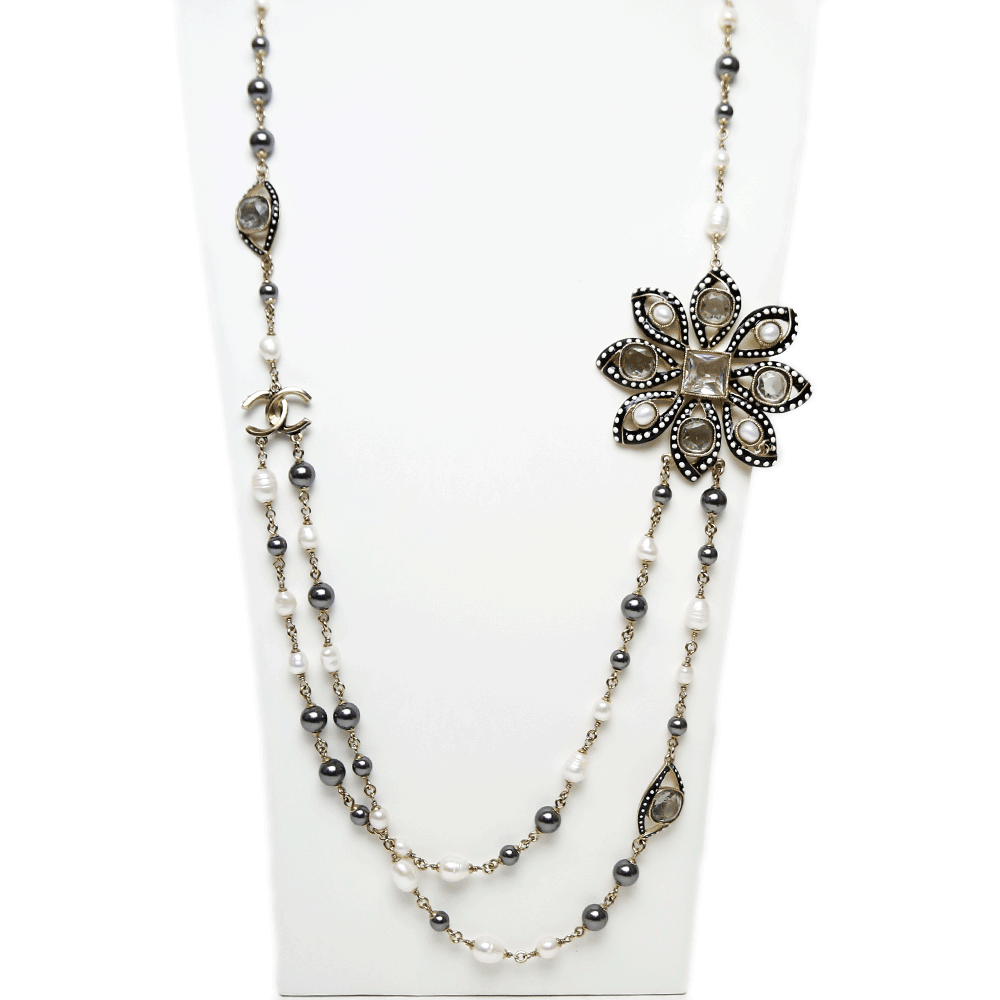 front view of Chanel Strass 
Enamel Pearl Station Necklace