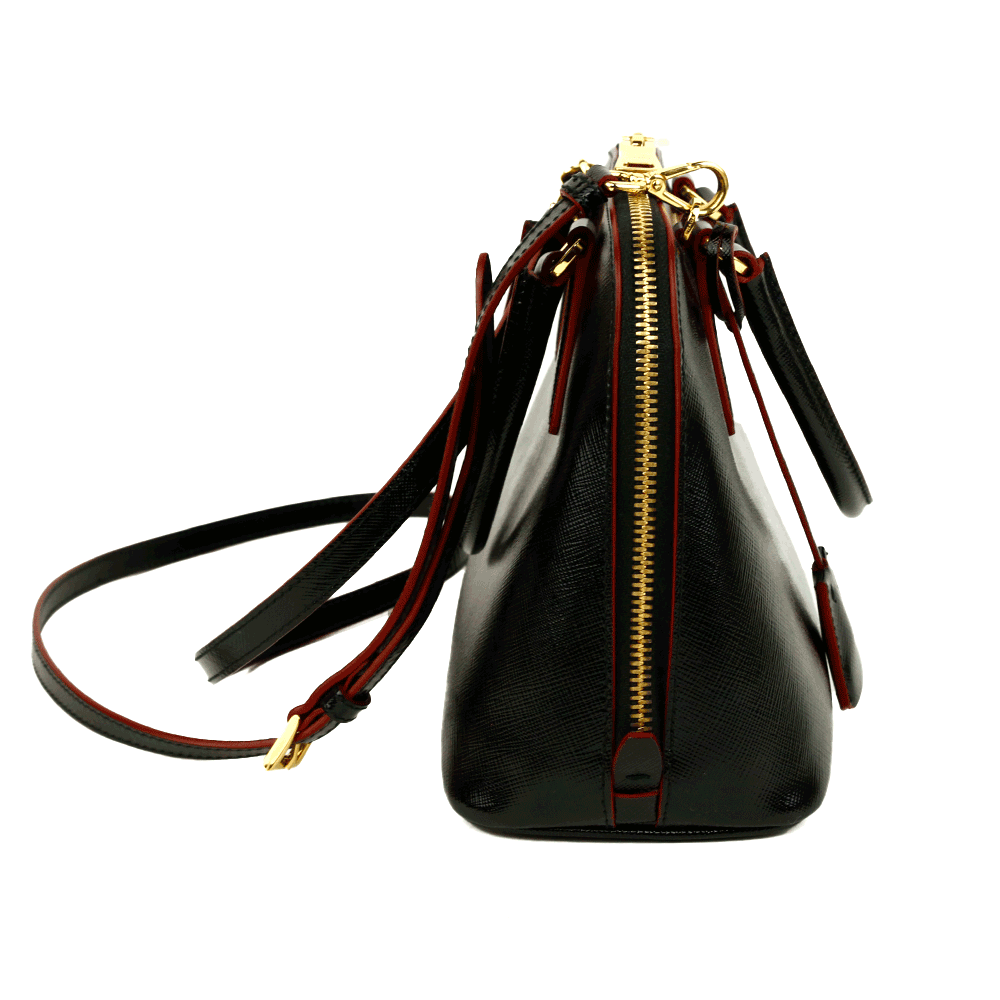 side view of Prada Black Saffiano Vernice Small Promenade Bag