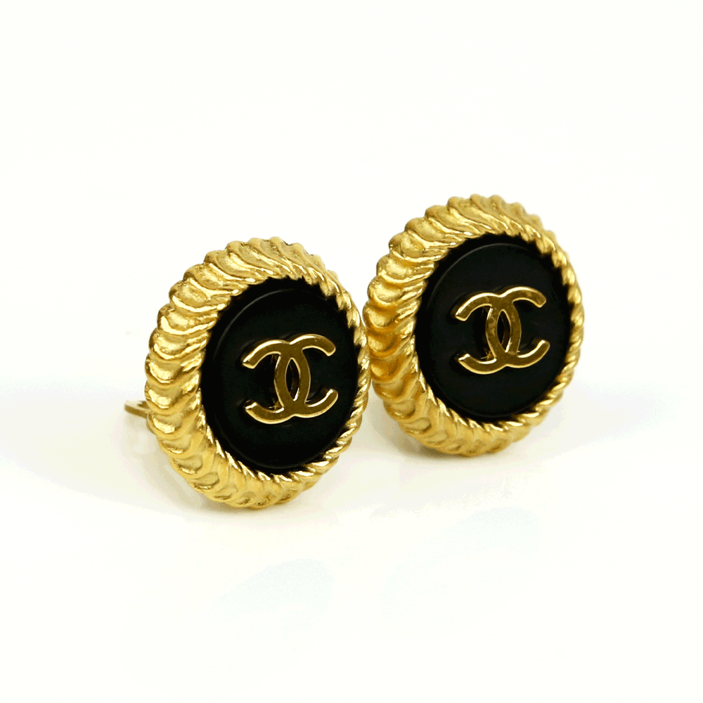 Chanel Vintage Gold 
Black CC Button Clip-On Earrings