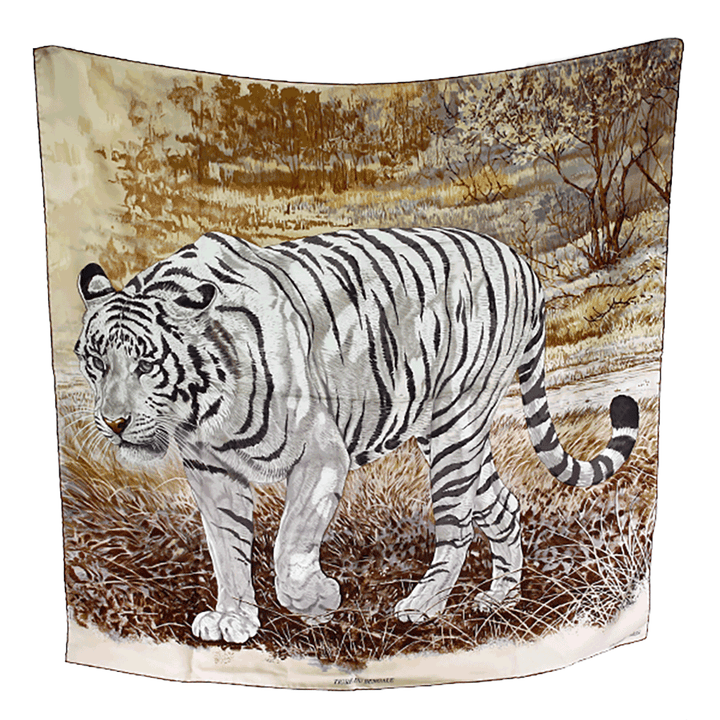 Full view of Hermes Beige Tigre Du Bengale Silk Scarf