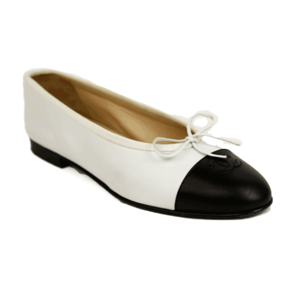 side view of Chanel White Leather Cap Toe Ballet Flats