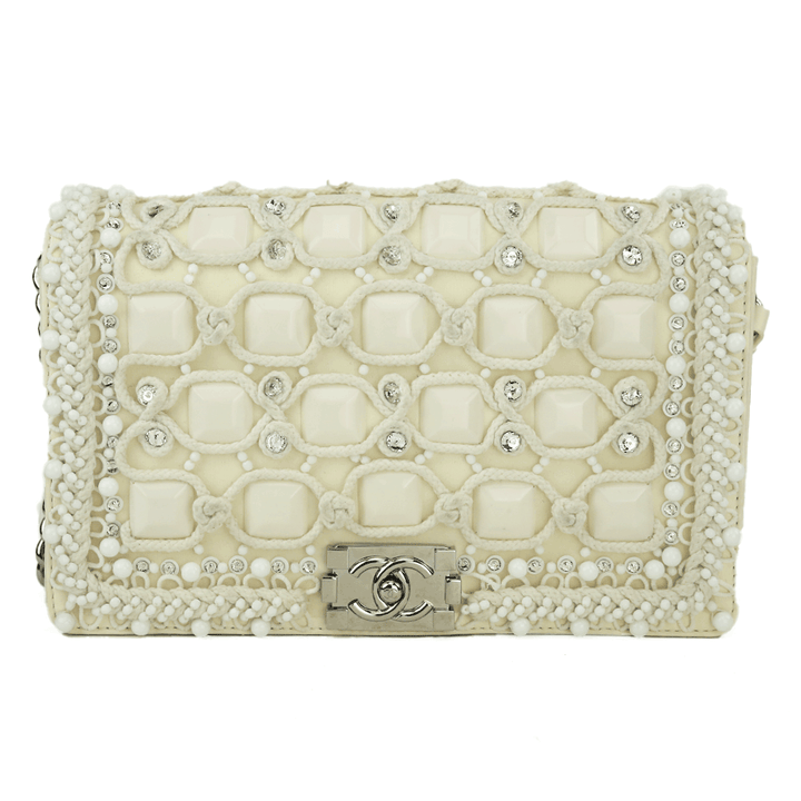 Front view of Chanel Cream Embellished Medium Boy Bag