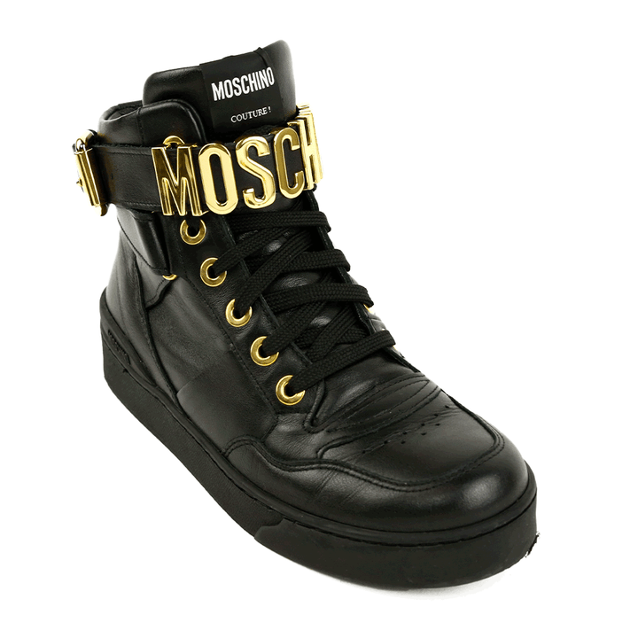 Moschino Black Leather Logo Strap High Top Sneakers