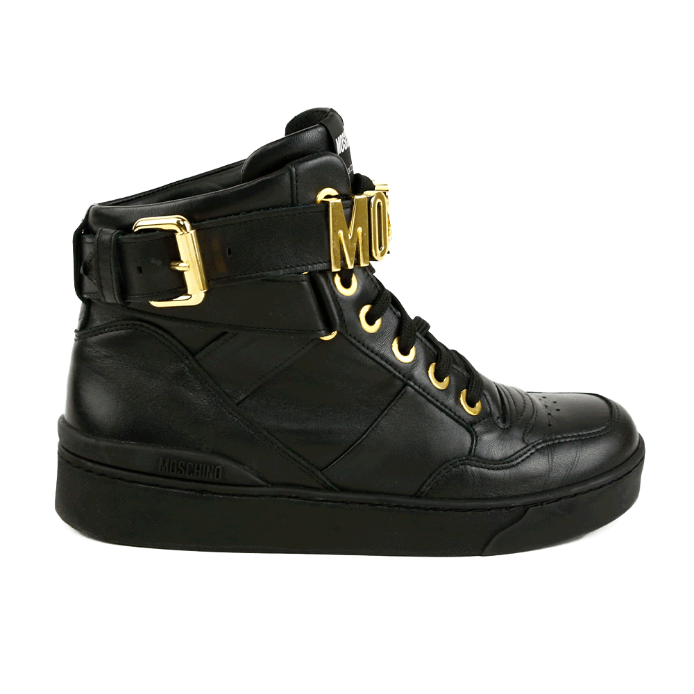 Moschino Black Leather Logo Strap High Top Sneakers