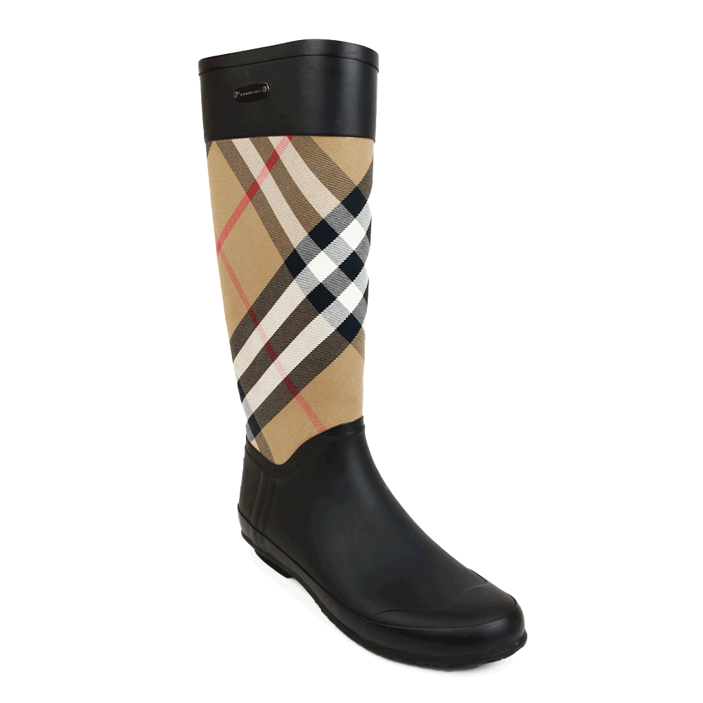 Burberry Black Rubber 
Check Canvas Rain Boots