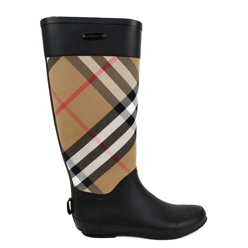 Burberry Black Rubber 
Check Canvas Rain Boots