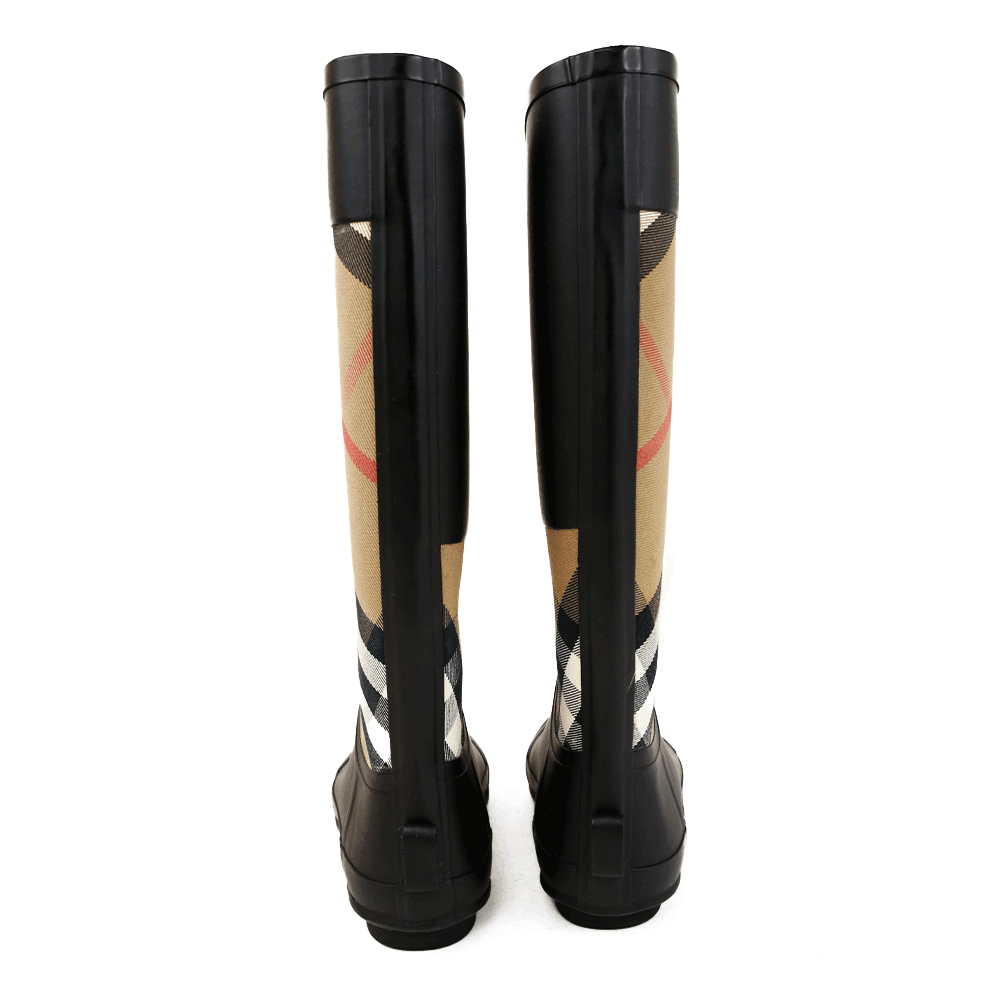 Burberry Black Rubber 
Check Canvas Rain Boots