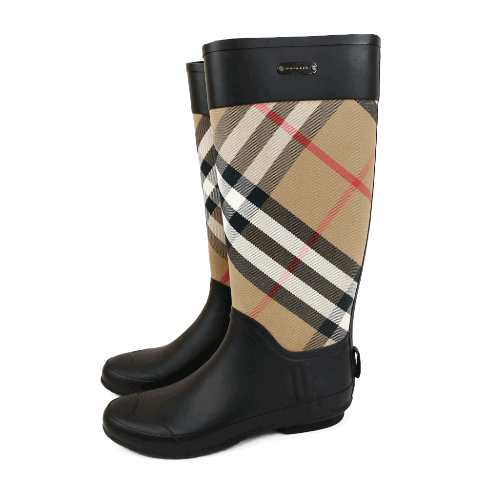 Burberry Black Rubber 
Check Canvas Rain Boots