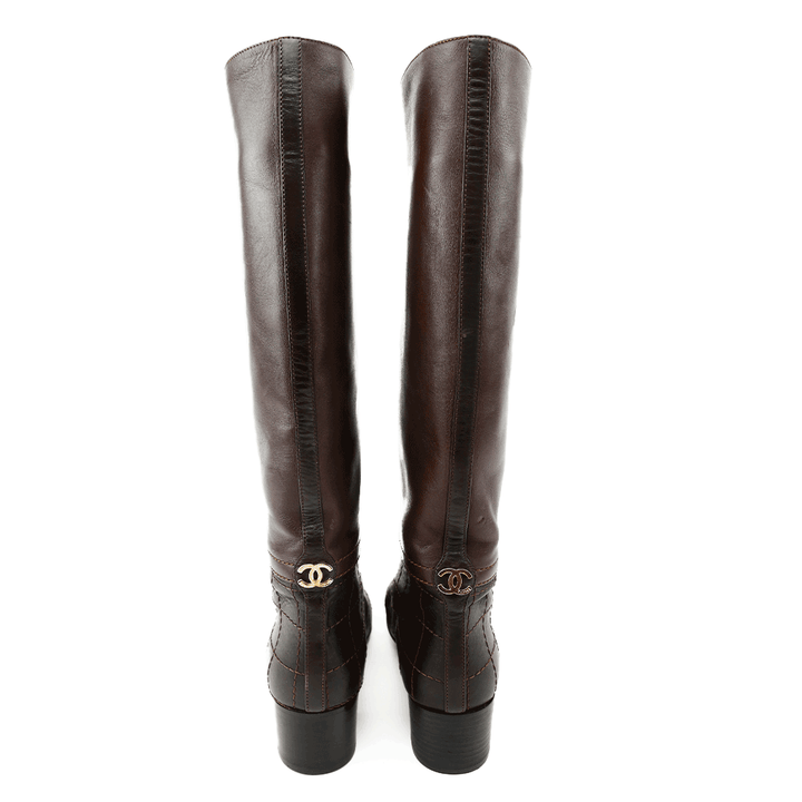 back view of Chanel Brown Leather Quilted Knee High Boots