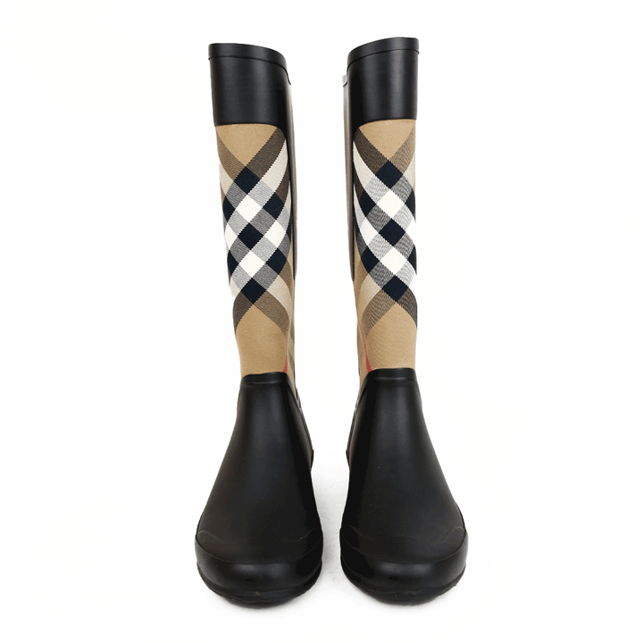 Burberry Black Rubber 
Check Canvas Rain Boots