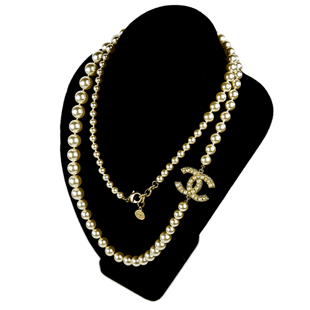 Side view of Chanel Faux Pearl 
Gold CC Necklace