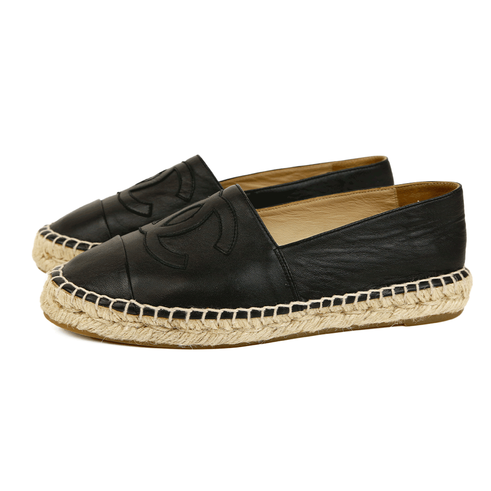 side view of Chanel Black Leather Interlocking CC Espadrille Flats