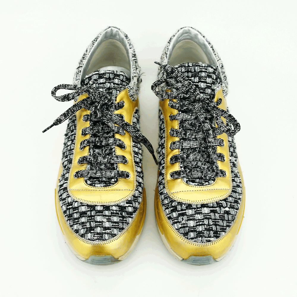 top view of Chanel Tweed Holographic CC Sneakers