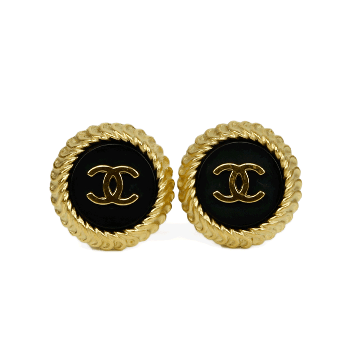 Chanel Vintage Gold 
Black CC Button Clip-On Earrings