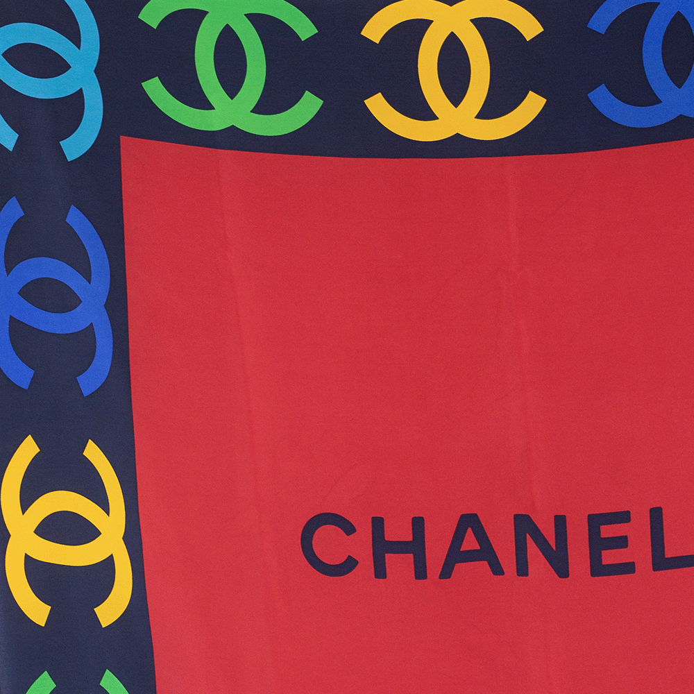 Chanel Primary Color Logo Print Silk Square Scarf