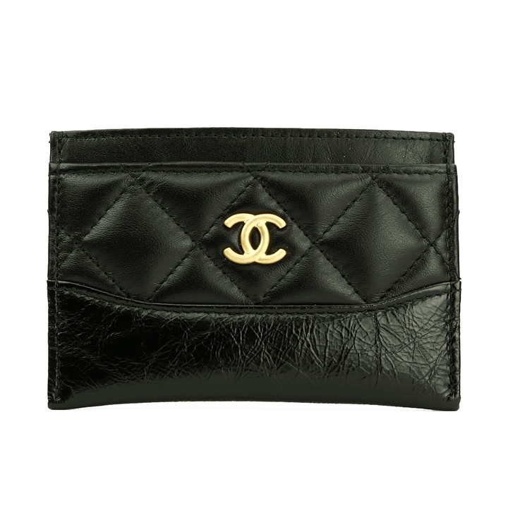 Front view of Chanel Gabrielle Quilted Black Lambskin 
Calf Leather Card Case