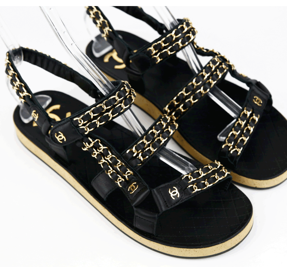 Chanel Black Leather 
Chain Flat Dad Sandals