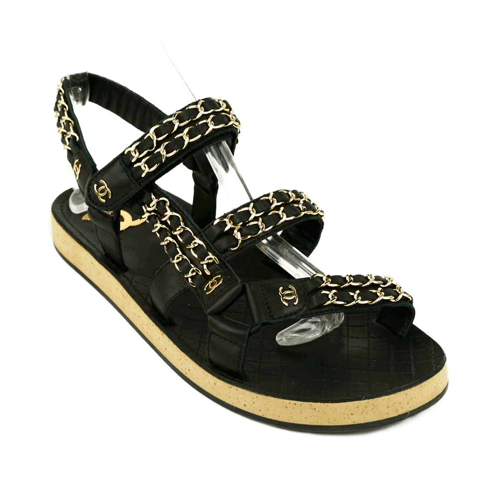 Chanel Black Leather 
Chain Flat Dad Sandals