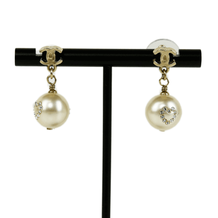 Chanel Crystal Heart Pearl CC Drop Earrings