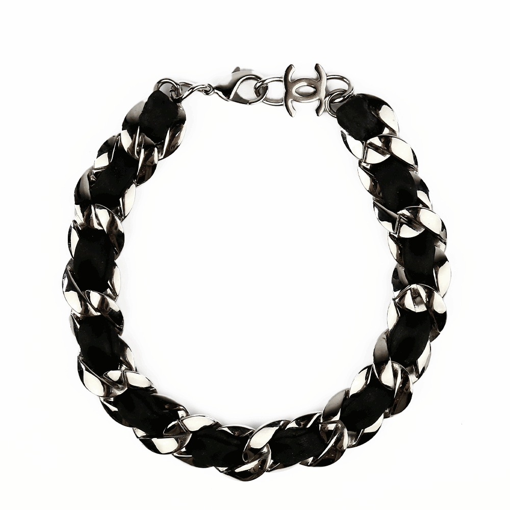 Top view of Chanel Curb Chain Silver 
Peau De Soie Choker Necklace