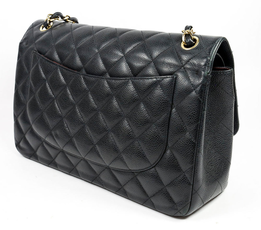 Chanel Black Quilted Caviar Leather Jumbo Double Flap Shoulder Bag