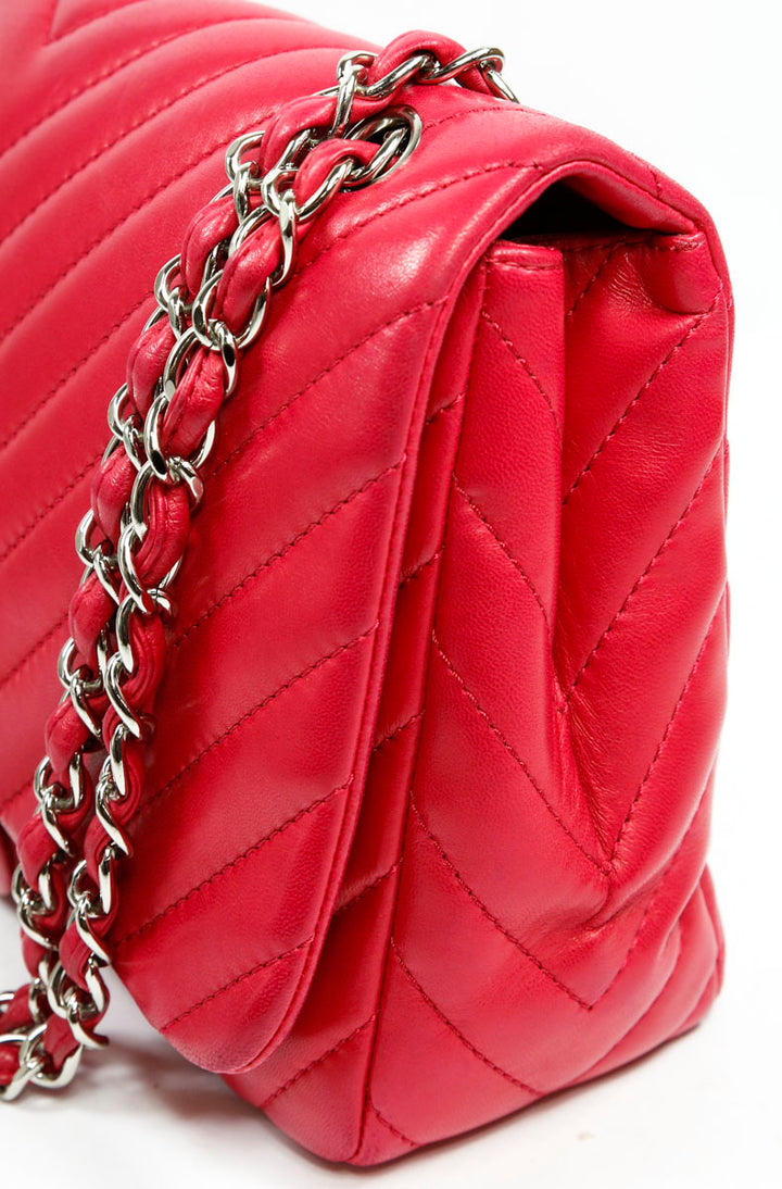 Chanel Magenta Lambskin Chevron Quilted Jumbo Single Flap Bag