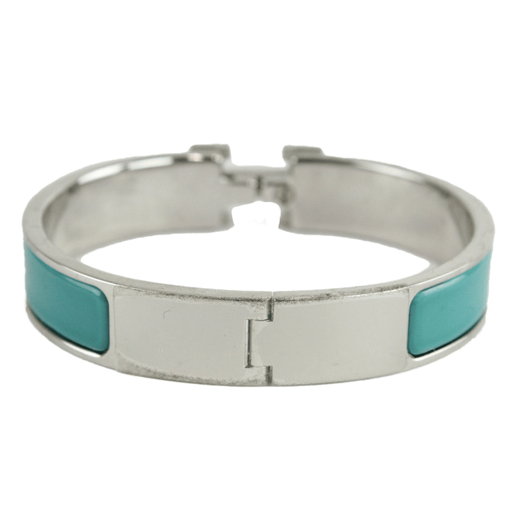 Back View of Hermès "Clic H" Blue 
Silver Narrow Bangle