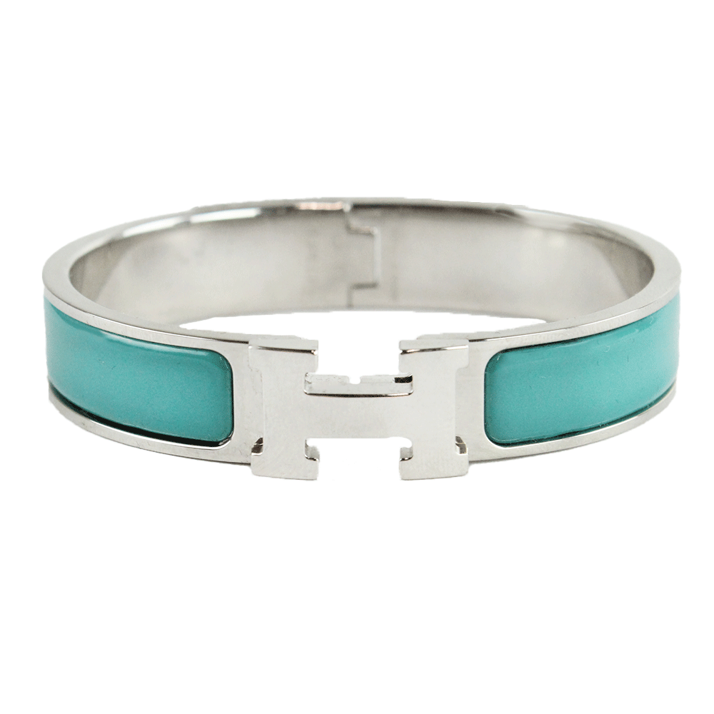 Front View of Hermès "Clic H" Blue 
Silver Narrow Bangle