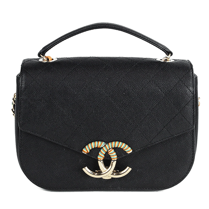 Front View of Chanel 2017 Cruise Collection Coco Cuba CC Black Leather Flap Bag